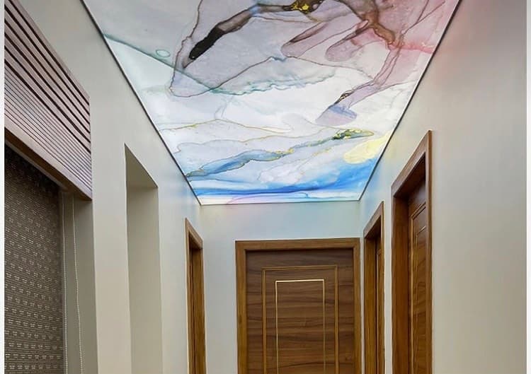 Corridor ceiling with a soft abstract printed design
