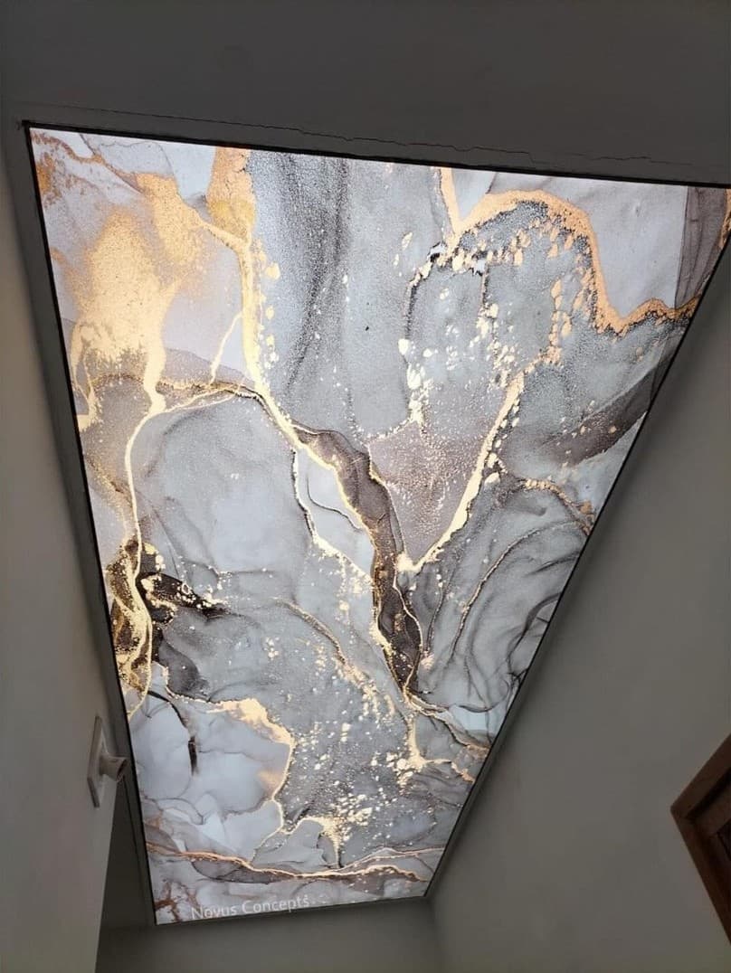 Grey and gold marble-effect printed stretch ceiling