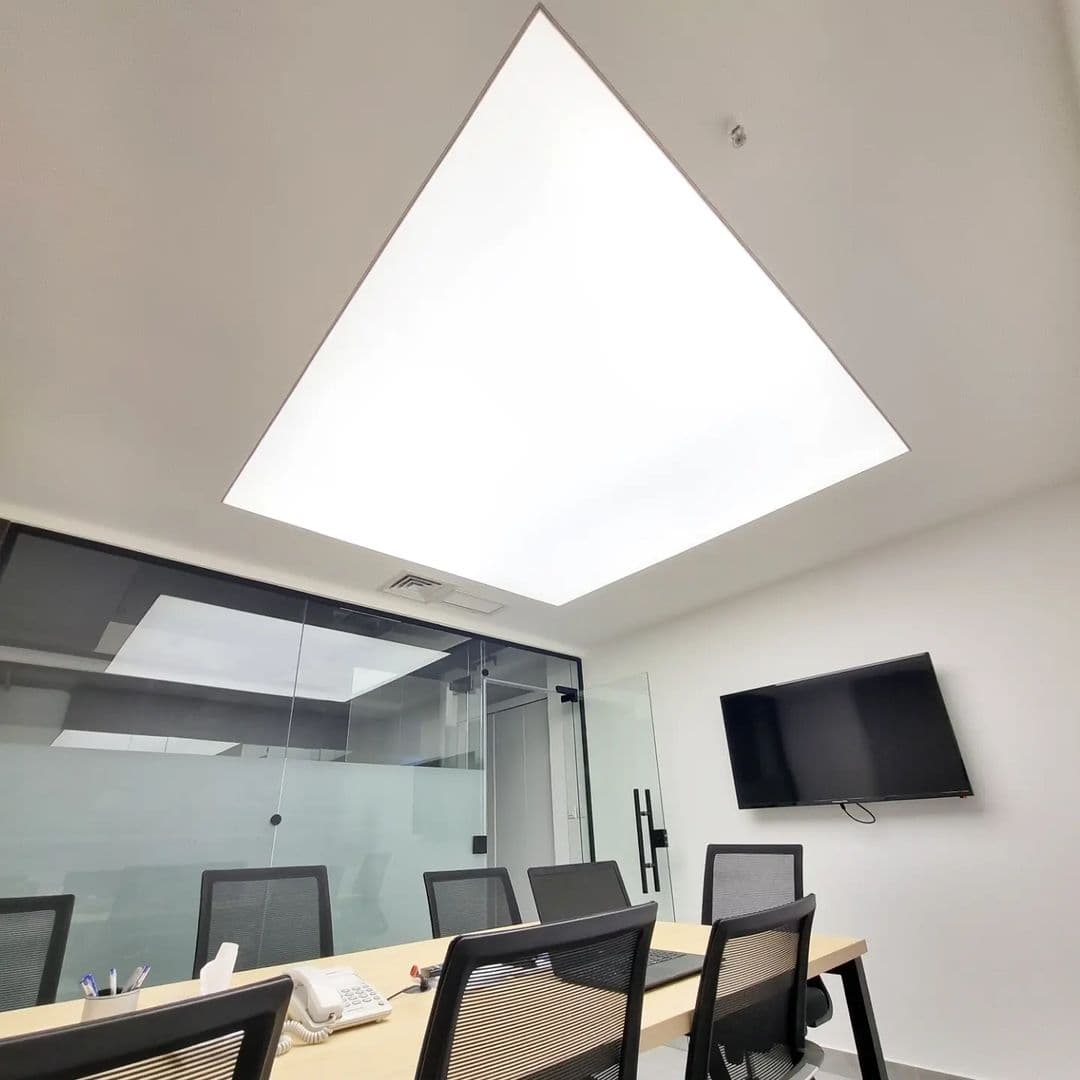Glass-walled conference room lit by a recessed backlit stretch ceiling