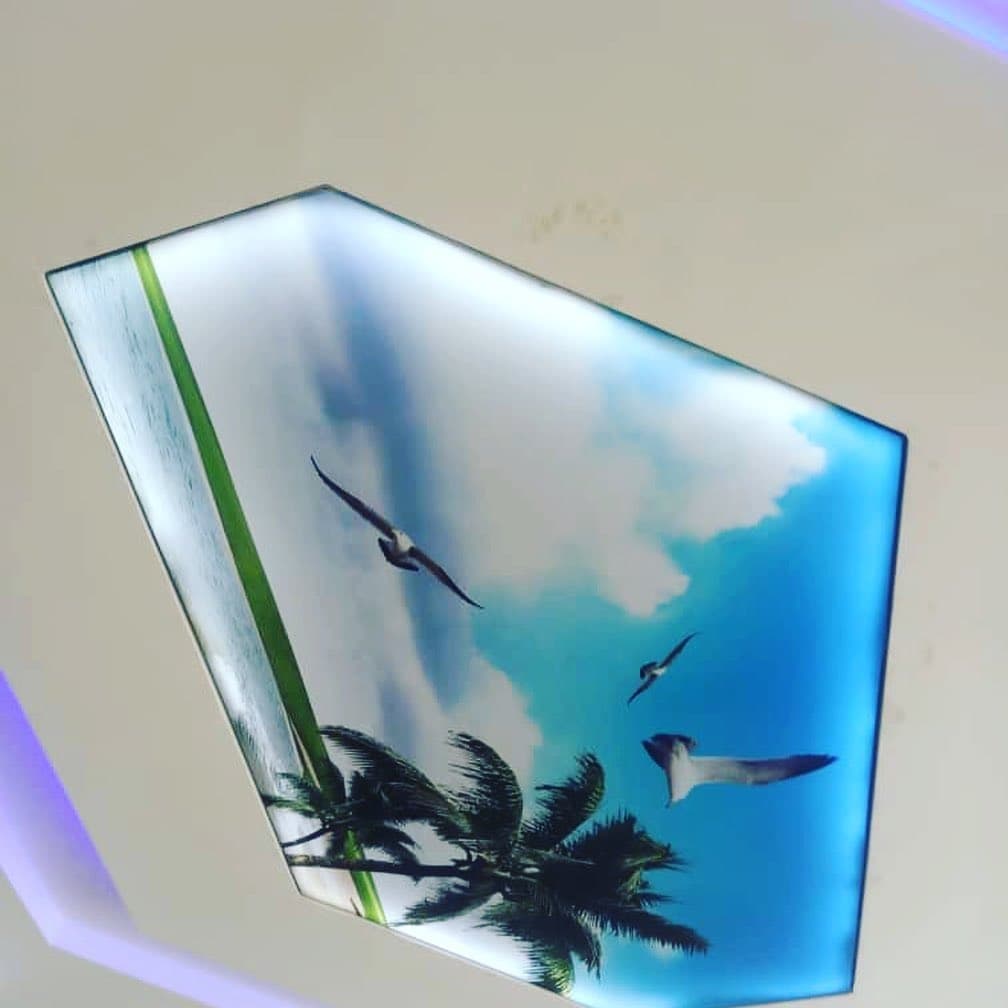Printed palm-and-sky ceiling panel with coloured edge lighting